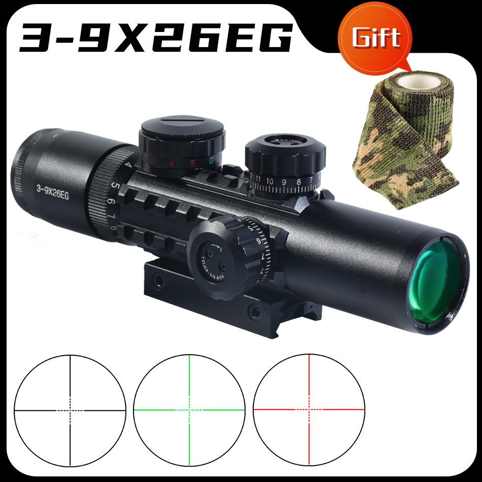 Crossbow Scope Sight - กล้องเล็งยุทธวิธี 3-9X26EG สำหรับธนูแบบสั้น พร้อมเลเซอร์สีแดง/เขียว ขนาดกะทัดรัด ใช้ได้กับรางขนาด