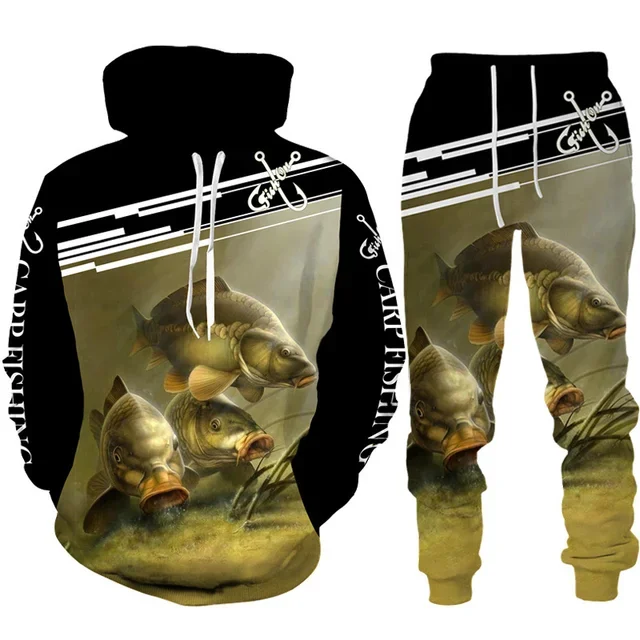 Outdoor Hunting Pants Women - ชุดเสื้อผ้า2ชิ้นมีฮู้ด + กางเกงพิมพ์ลายปลา3D แปลกใหม่เซ็ตเสื้อผ้าแฟชั่นสำหรับออกแคมป์ตกปลาลายพราง