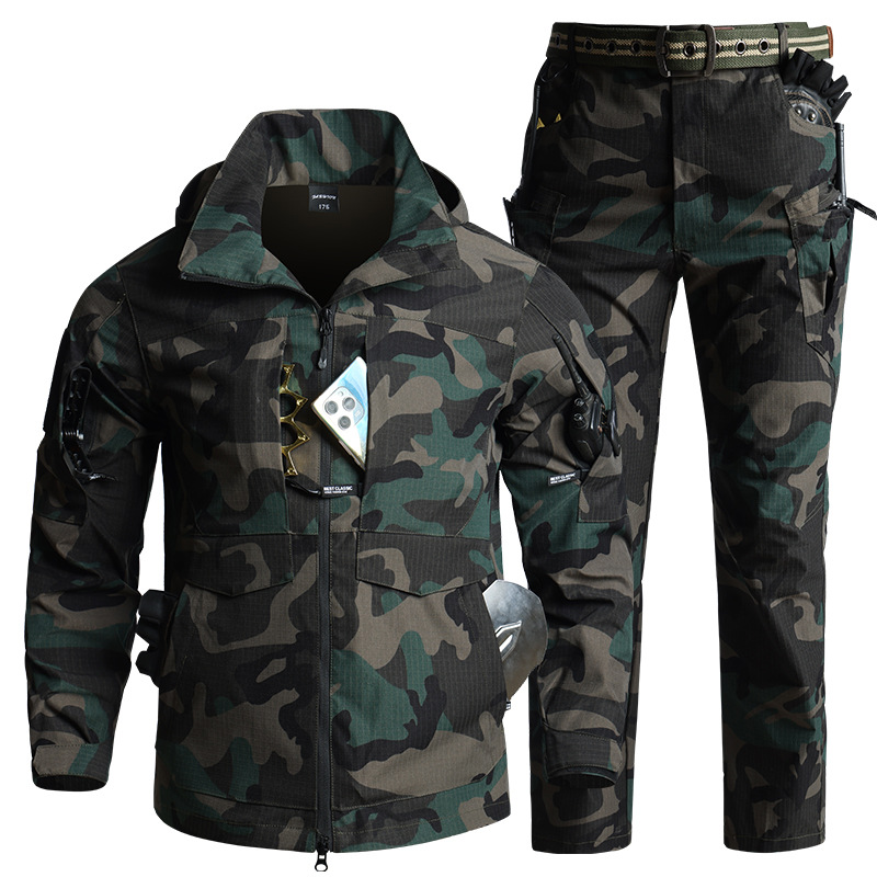 Hunting Outdoors - ชุดอุปกรณ์ยุทธวิธีลายพรางสำหรับผู้ชาย เสื้อแจ็คเก็ตมีฮู้ดระบายอากาศได้ดี ผ้าริปสต็อป + กางเกงคาร์โก้หลายกระเป๋า ชุดสำหรับกิจกรรมกลางแจ้ง