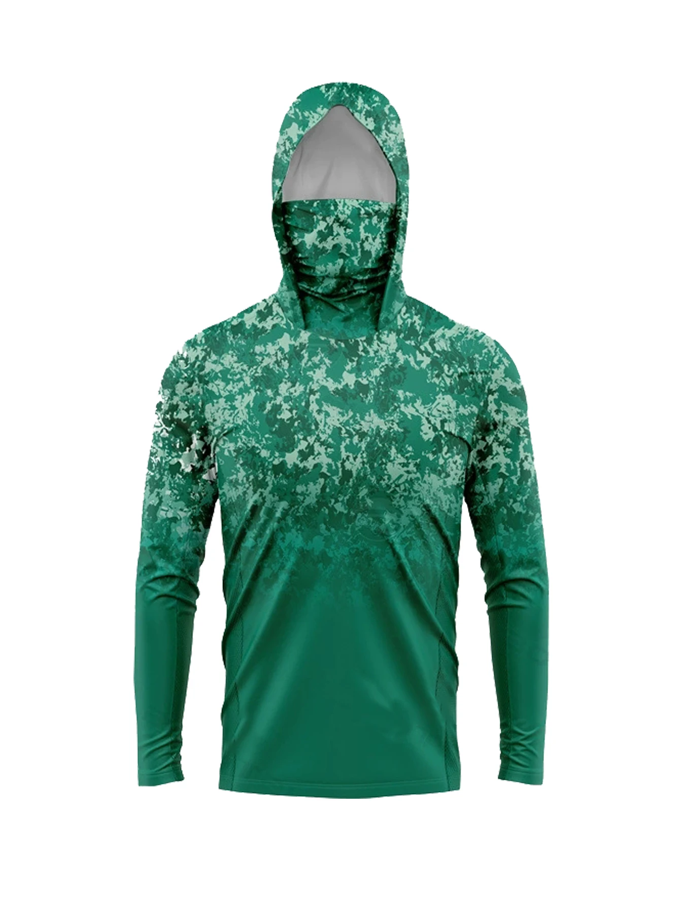 Hunting Outdoors - เสื้อฮู้ดดี้กันแดดสำหรับผู้ชาย UPF50+ พร้อมหน้ากากปิดหน้า ลายพรางดิจิตอลสีเขียว แห้งเร็ว ป้องกันรังสียูวี